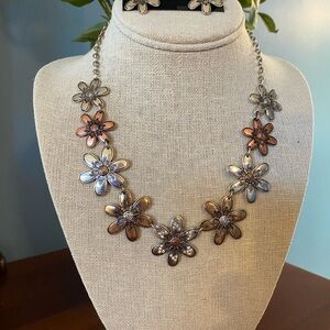 Floral Silver and Bronze Flowered Necklace and Earrings